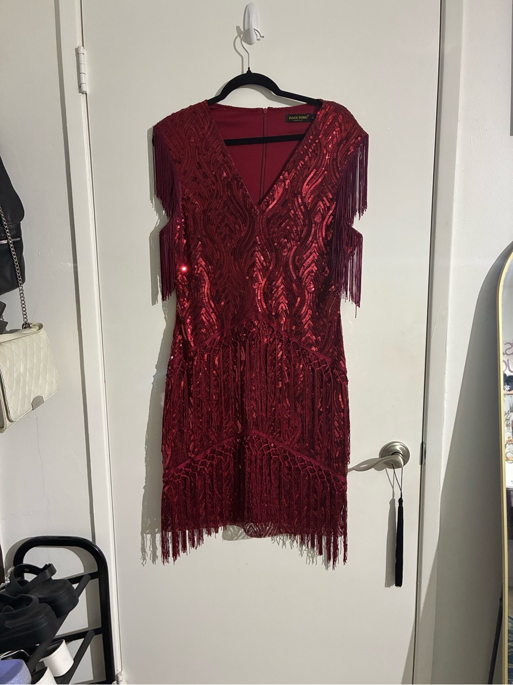 Red Sequin Fringe V-Neck Mini Dress